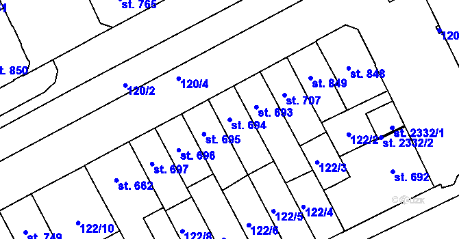 Parcela st. 694 v KÚ Hodolany, Katastrální mapa