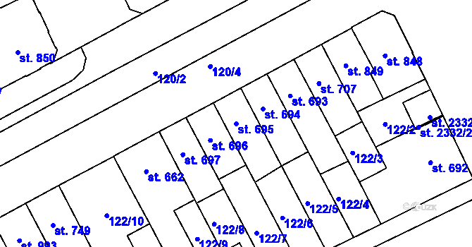 Parcela st. 695 v KÚ Hodolany, Katastrální mapa