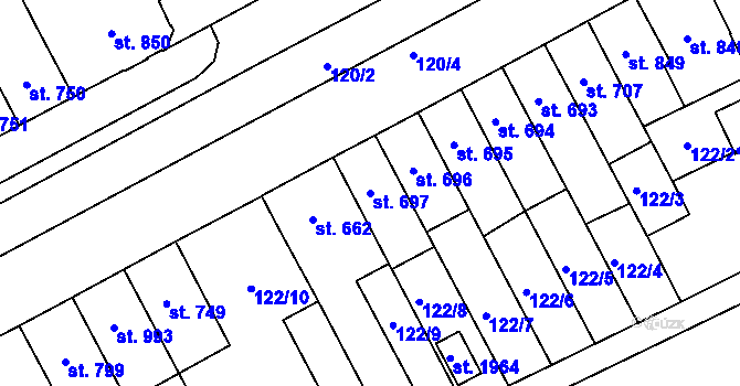 Parcela st. 697 v KÚ Hodolany, Katastrální mapa