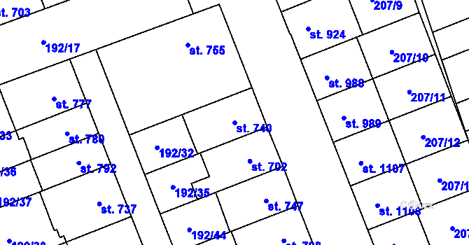 Parcela st. 740 v KÚ Hodolany, Katastrální mapa