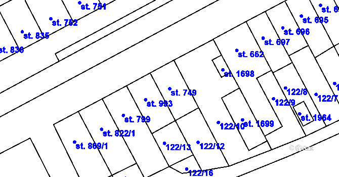 Parcela st. 749 v KÚ Hodolany, Katastrální mapa