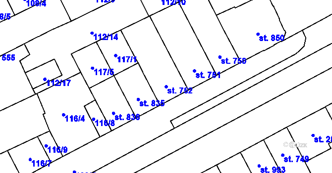 Parcela st. 752 v KÚ Hodolany, Katastrální mapa