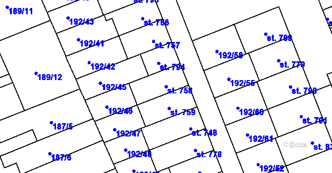Parcela st. 758 v KÚ Hodolany, Katastrální mapa