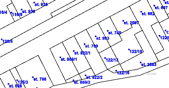 Parcela st. 799 v KÚ Hodolany, Katastrální mapa
