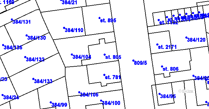 Parcela st. 805 v KÚ Hodolany, Katastrální mapa