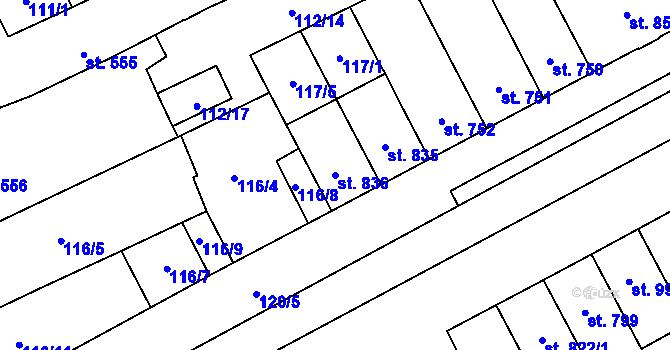 Parcela st. 836 v KÚ Hodolany, Katastrální mapa