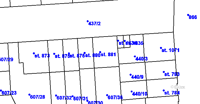 Parcela st. 881 v KÚ Hodolany, Katastrální mapa