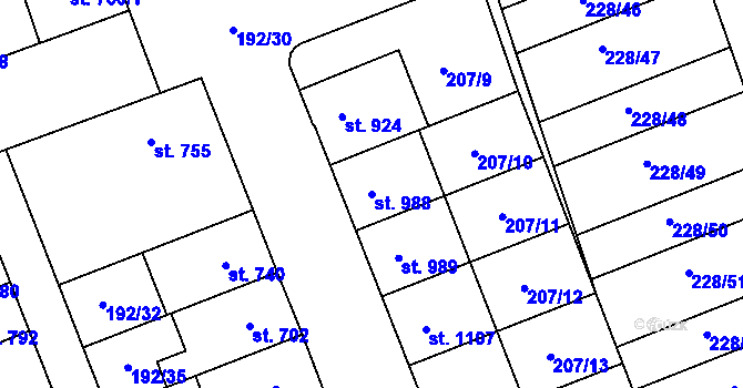 Parcela st. 988 v KÚ Hodolany, Katastrální mapa