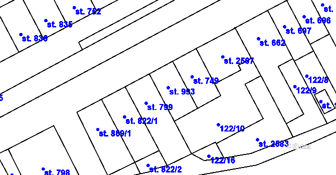 Parcela st. 993 v KÚ Hodolany, Katastrální mapa