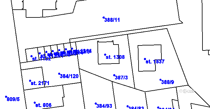 Parcela st. 1308 v KÚ Hodolany, Katastrální mapa