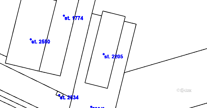 Parcela st. 2205 v KÚ Hodolany, Katastrální mapa