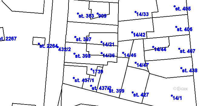 Parcela st. 14/36 v KÚ Hodolany, Katastrální mapa