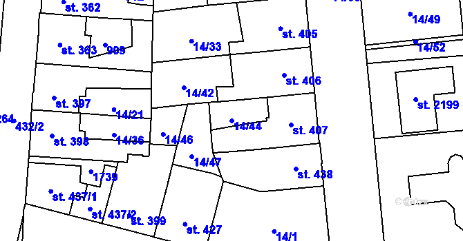 Parcela st. 14/44 v KÚ Hodolany, Katastrální mapa