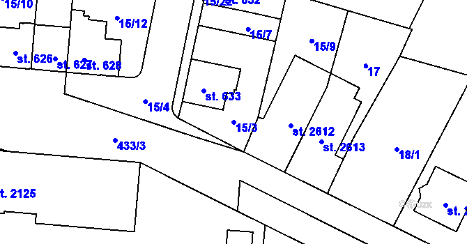 Parcela st. 15/3 v KÚ Hodolany, Katastrální mapa