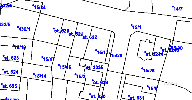 Parcela st. 15/13 v KÚ Hodolany, Katastrální mapa