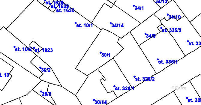 Parcela st. 30/1 v KÚ Hodolany, Katastrální mapa