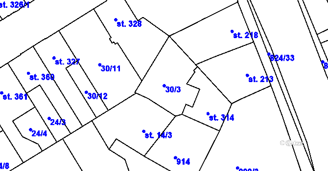 Parcela st. 30/3 v KÚ Hodolany, Katastrální mapa