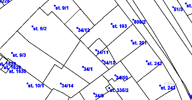 Parcela st. 34/11 v KÚ Hodolany, Katastrální mapa
