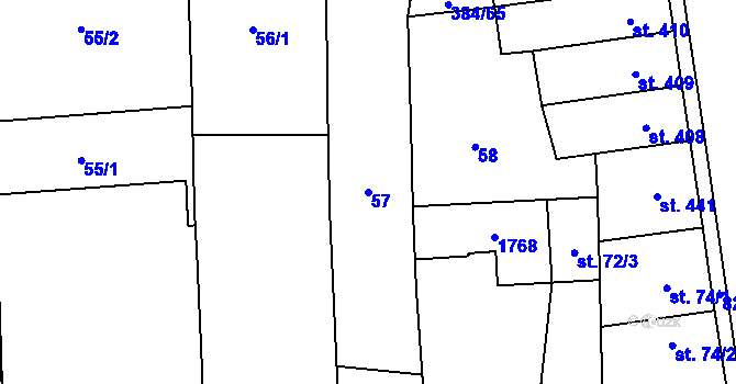 Parcela st. 57 v KÚ Hodolany, Katastrální mapa
