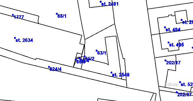 Parcela st. 63/1 v KÚ Hodolany, Katastrální mapa