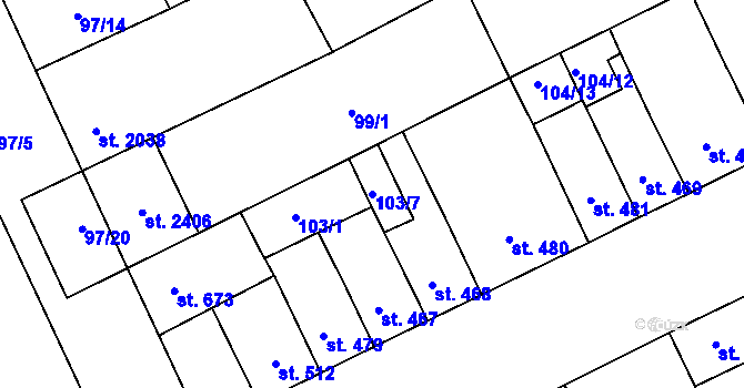 Parcela st. 103/7 v KÚ Hodolany, Katastrální mapa