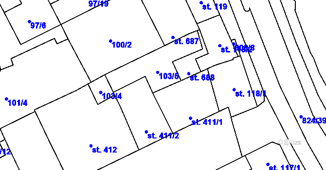 Parcela st. 104/4 v KÚ Hodolany, Katastrální mapa