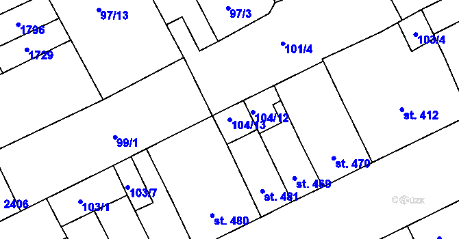 Parcela st. 104/13 v KÚ Hodolany, Katastrální mapa