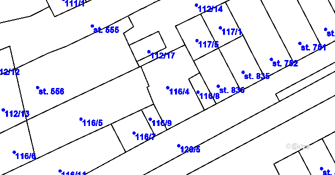 Parcela st. 116/4 v KÚ Hodolany, Katastrální mapa