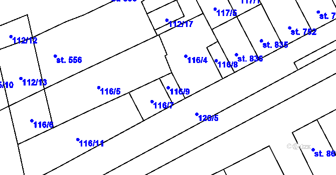 Parcela st. 116/9 v KÚ Hodolany, Katastrální mapa