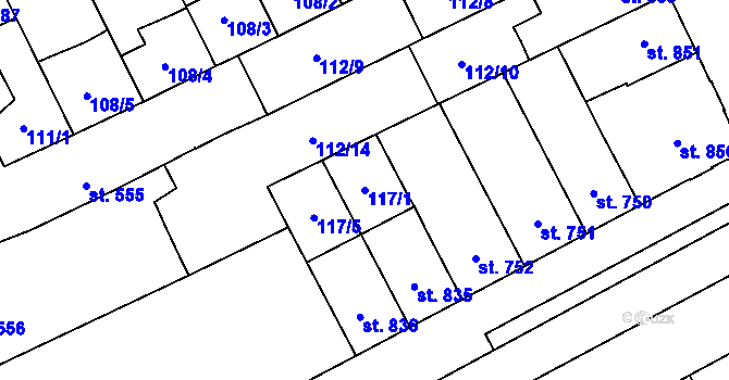 Parcela st. 117/1 v KÚ Hodolany, Katastrální mapa