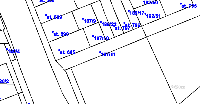 Parcela st. 187/11 v KÚ Hodolany, Katastrální mapa