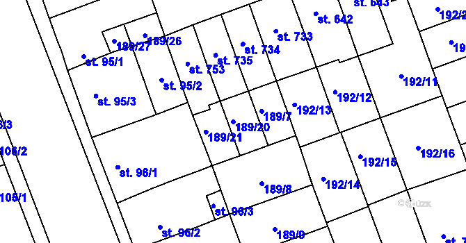 Parcela st. 189/20 v KÚ Hodolany, Katastrální mapa