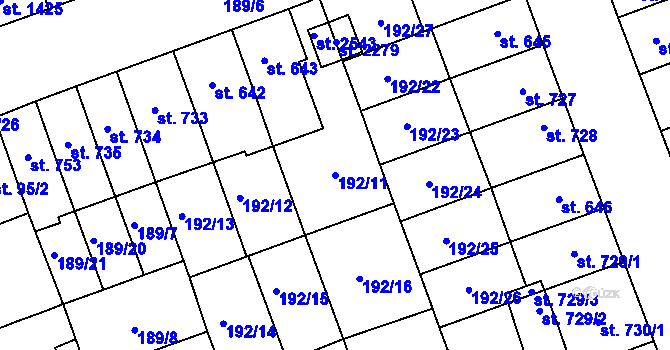 Parcela st. 192/11 v KÚ Hodolany, Katastrální mapa