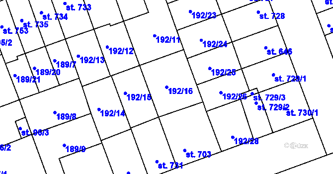 Parcela st. 192/16 v KÚ Hodolany, Katastrální mapa