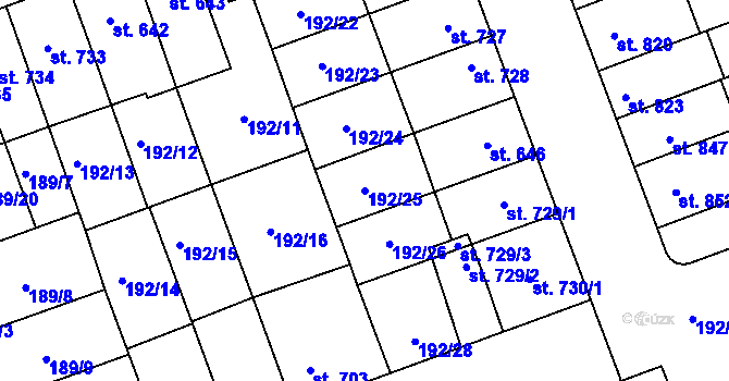 Parcela st. 192/25 v KÚ Hodolany, Katastrální mapa