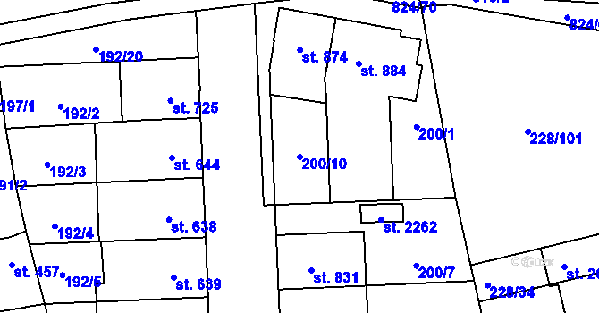 Parcela st. 200/10 v KÚ Hodolany, Katastrální mapa