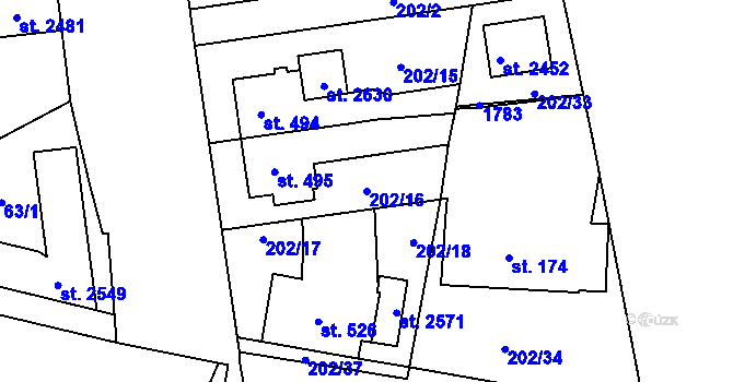 Parcela st. 202/16 v KÚ Hodolany, Katastrální mapa