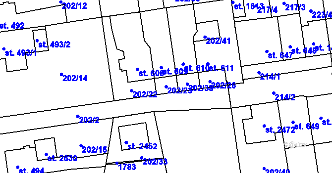 Parcela st. 202/23 v KÚ Hodolany, Katastrální mapa