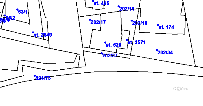 Parcela st. 202/37 v KÚ Hodolany, Katastrální mapa