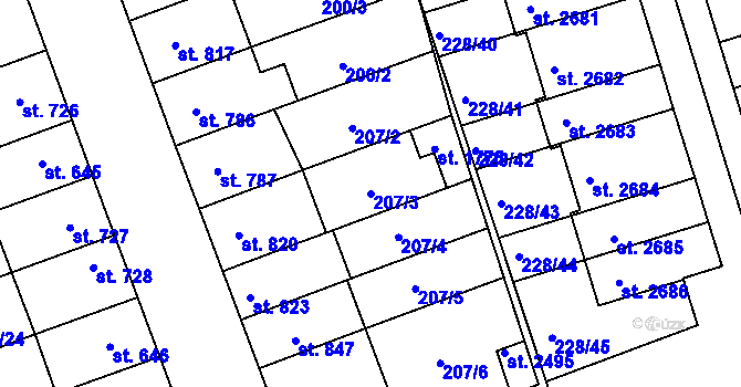 Parcela st. 207/3 v KÚ Hodolany, Katastrální mapa