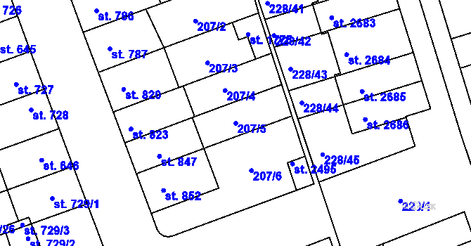 Parcela st. 207/5 v KÚ Hodolany, Katastrální mapa