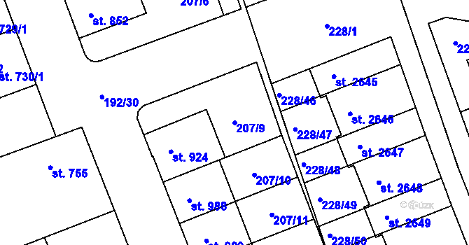 Parcela st. 207/9 v KÚ Hodolany, Katastrální mapa