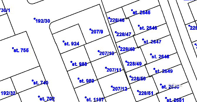 Parcela st. 207/10 v KÚ Hodolany, Katastrální mapa