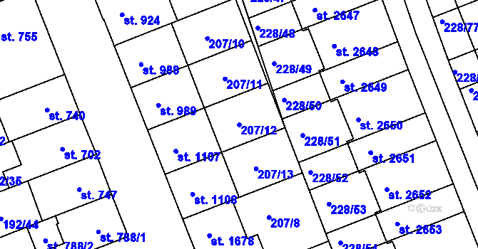 Parcela st. 207/12 v KÚ Hodolany, Katastrální mapa