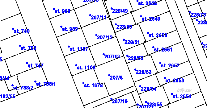 Parcela st. 207/13 v KÚ Hodolany, Katastrální mapa