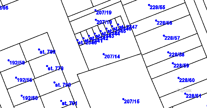 Parcela st. 207/14 v KÚ Hodolany, Katastrální mapa