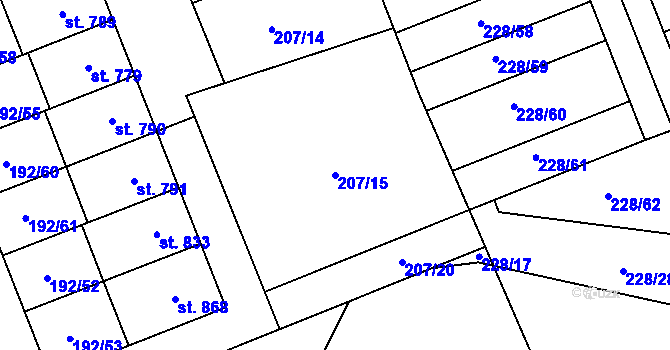 Parcela st. 207/15 v KÚ Hodolany, Katastrální mapa