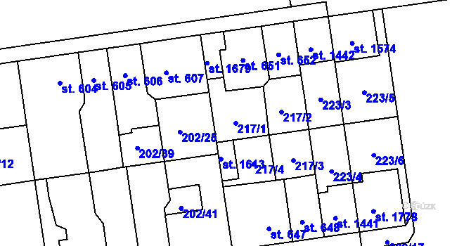 Parcela st. 217/1 v KÚ Hodolany, Katastrální mapa