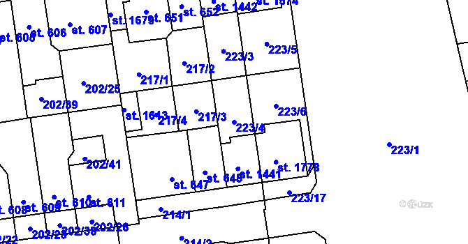 Parcela st. 223/4 v KÚ Hodolany, Katastrální mapa