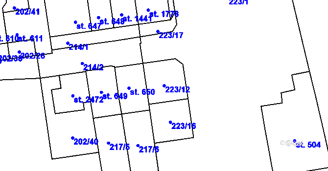 Parcela st. 223/12 v KÚ Hodolany, Katastrální mapa